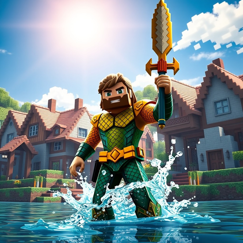 Aquaman holding a sword, standing in front of a Minecraft-style village