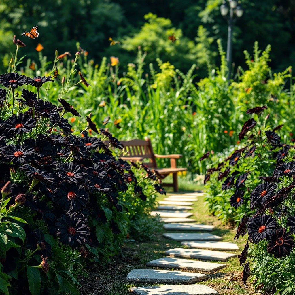 A beautiful garden filled with various black flowers blooming vibrantly against a lush green background