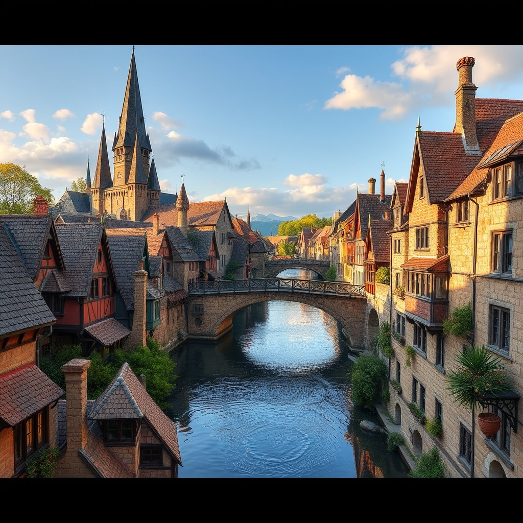 The enchanted city of Liumisburg situated on the bend of the Selwyn River, showcasing its picturesque bridges connecting the old trading quarter with the new residential areas