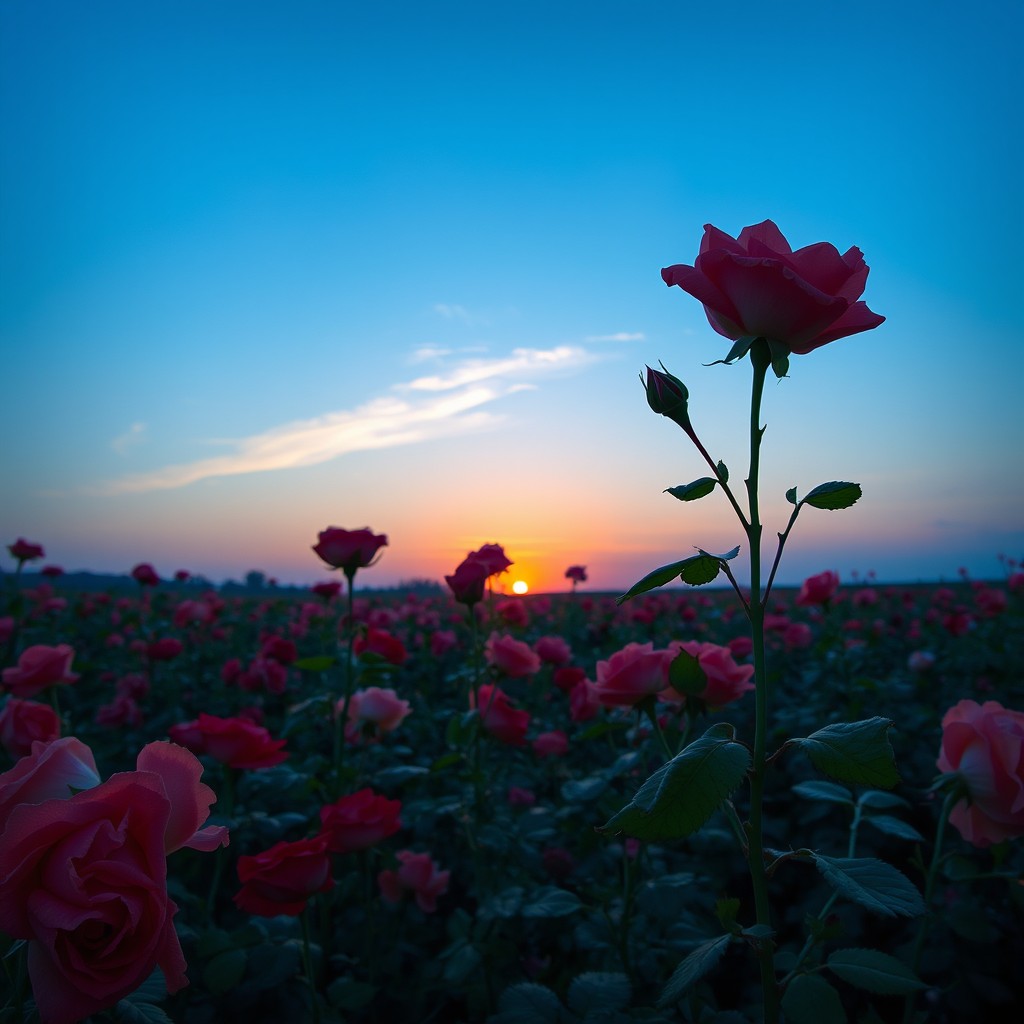 A mesmerizing landscape showcasing a field of unforgettable roses blooming vibrantly under a clear blue sky