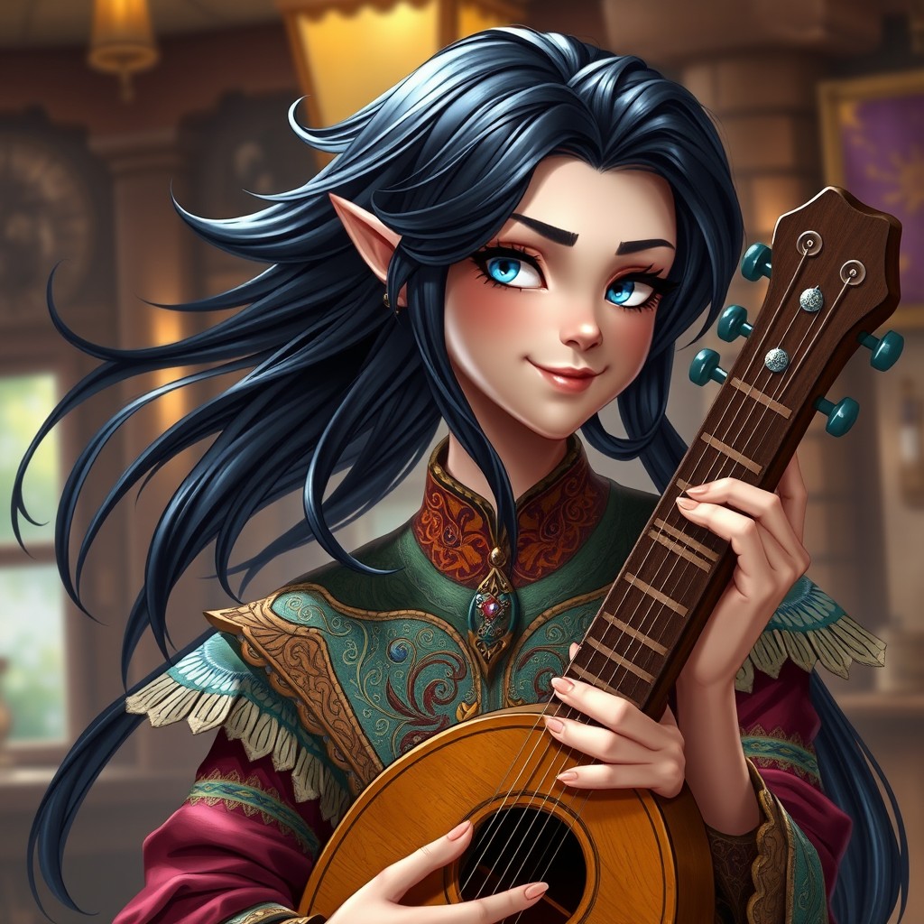 A character portrait of a half-elf bard with flowing black hair cascading down their shoulders