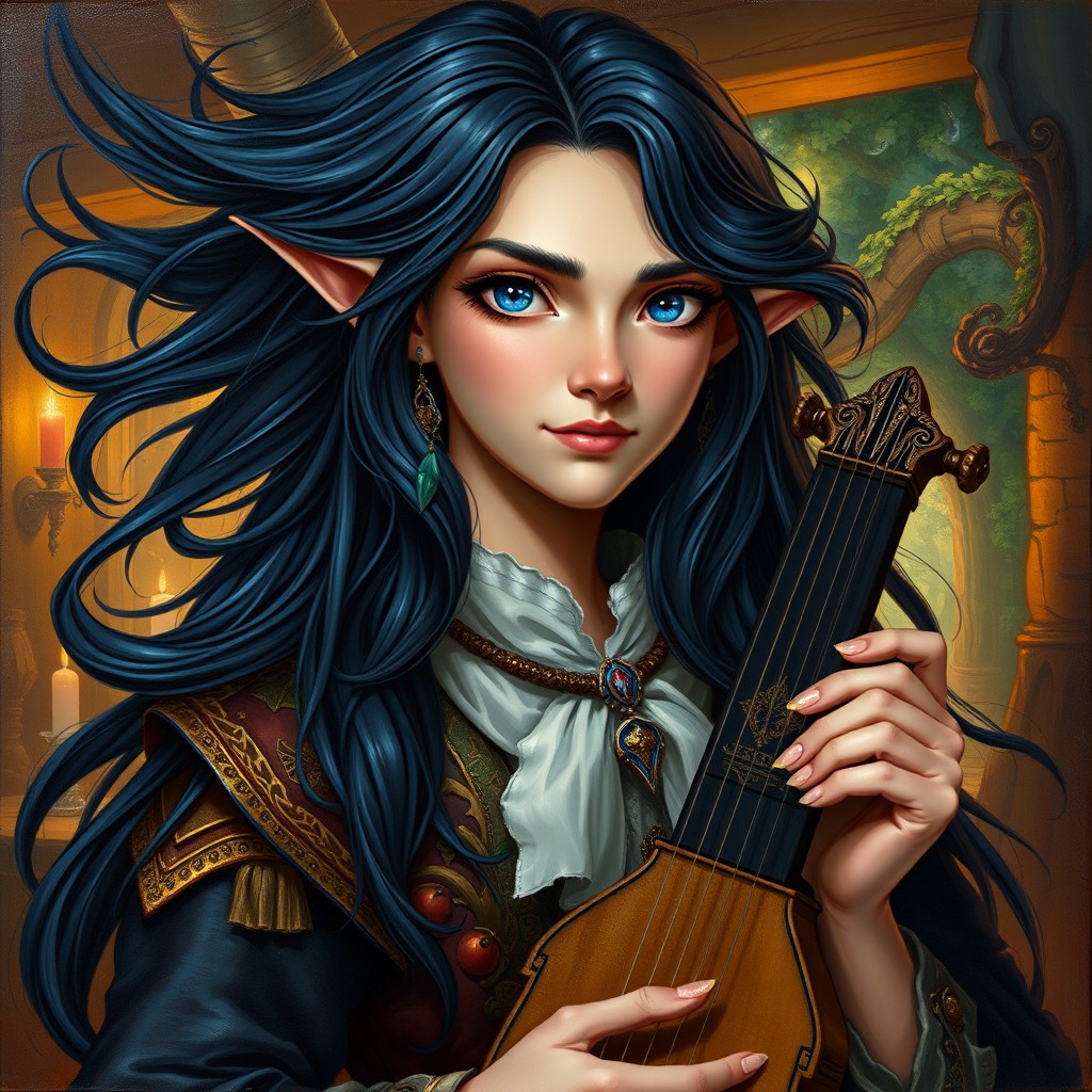 An oil painting style character portrait of a half-elf bard with flowing black hair that glimmers with shades of midnight