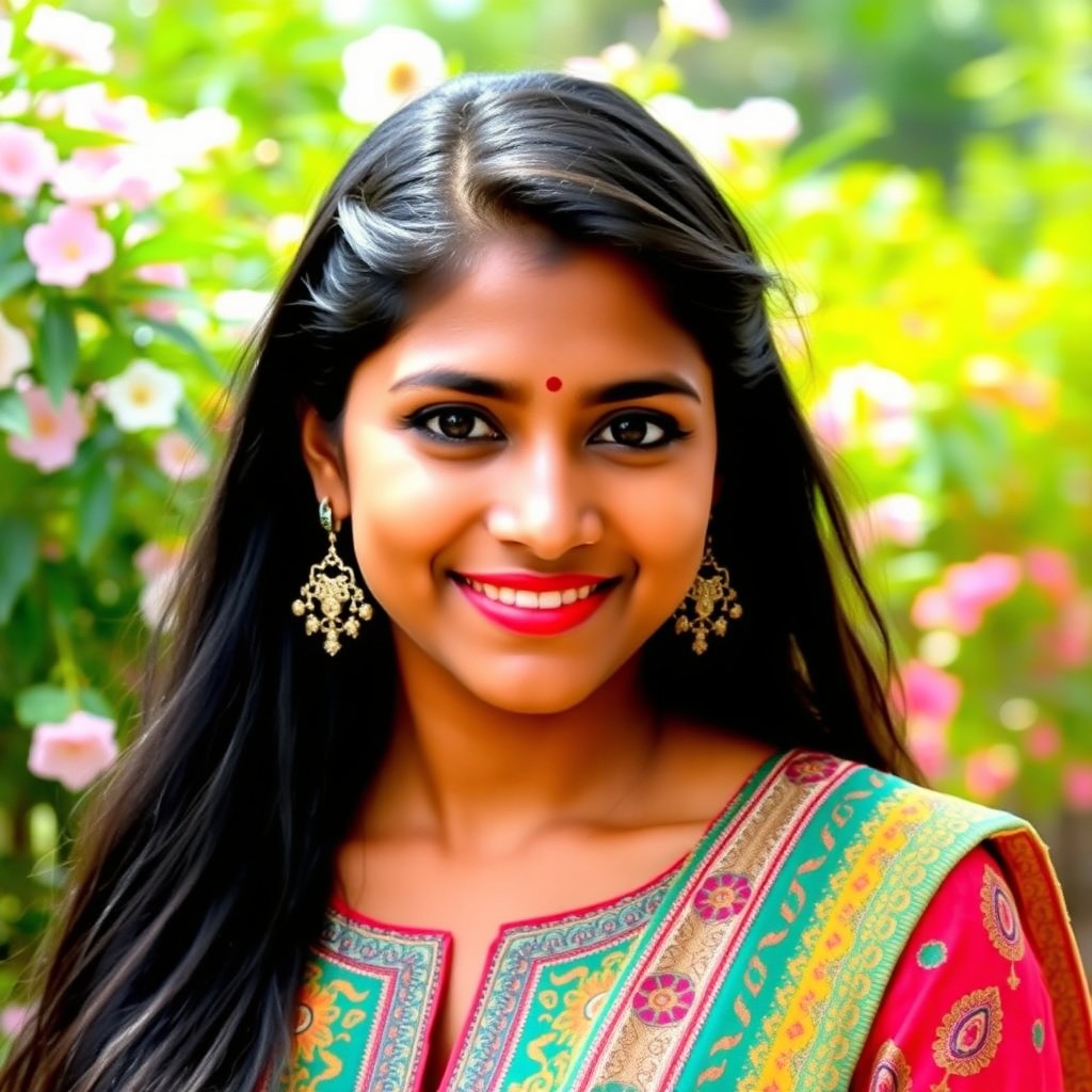 A beautiful Indian woman, approximately 25 years old, with long black hair and striking black eyes
