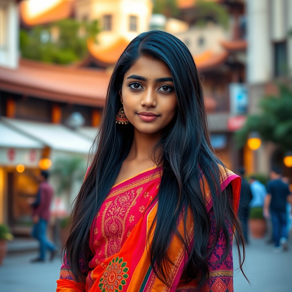 A beautiful 20-year-old Indian girl with long black hair and striking black eyes, standing confidently in an urban setting
