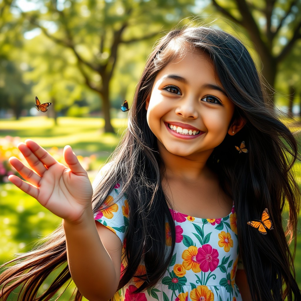 A photorealistic image of a joyful Latina girl, with long, flowing dark hair, sparkling brown eyes, and a bright, infectious smile