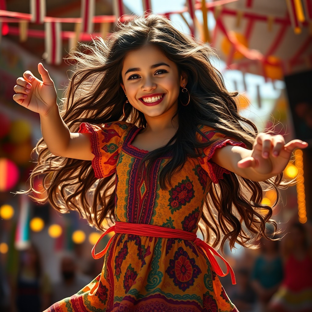 A photorealistic image of a Latina girl dancing joyfully, showcasing her expressive movements and vibrant energy