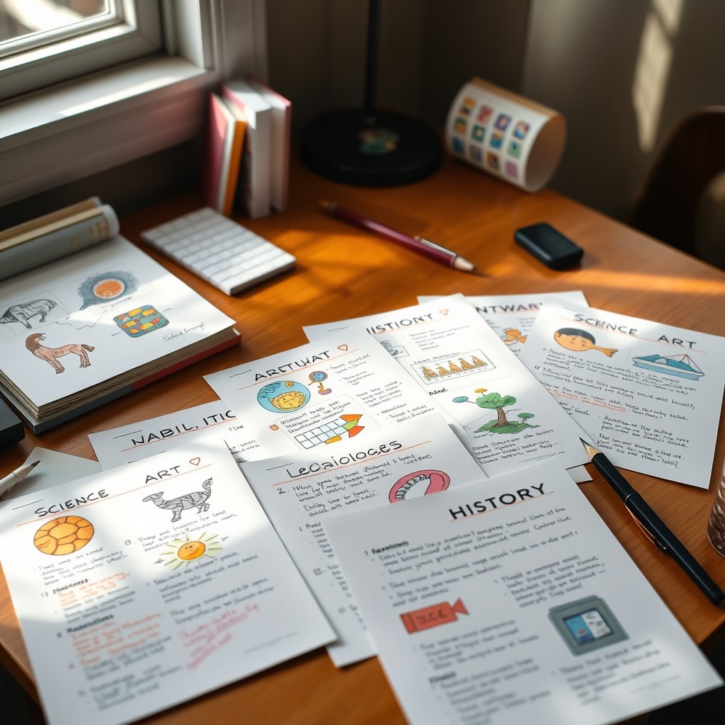 A collection of neatly organized and colorful topic sheets laid out on a desk, featuring headings such as science, art, history, and technology