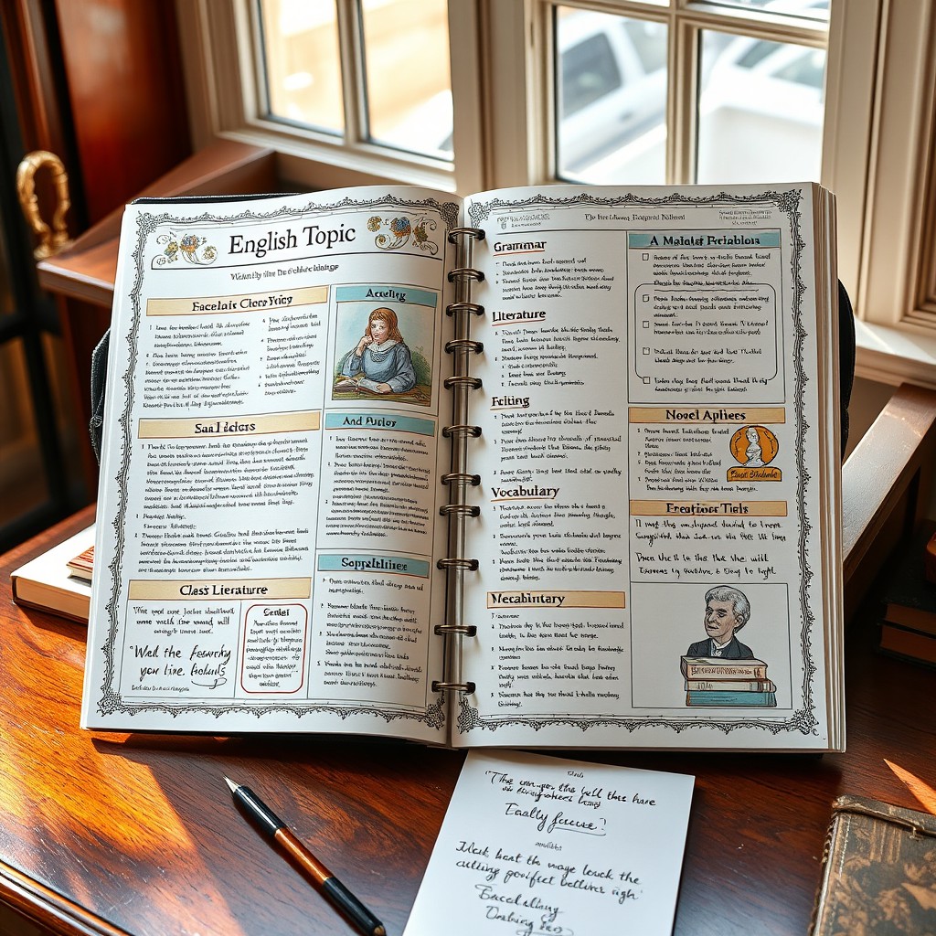 A beautifully arranged English topic sheet displayed on a stylish wooden desk, featuring categories like grammar, literature, and vocabulary