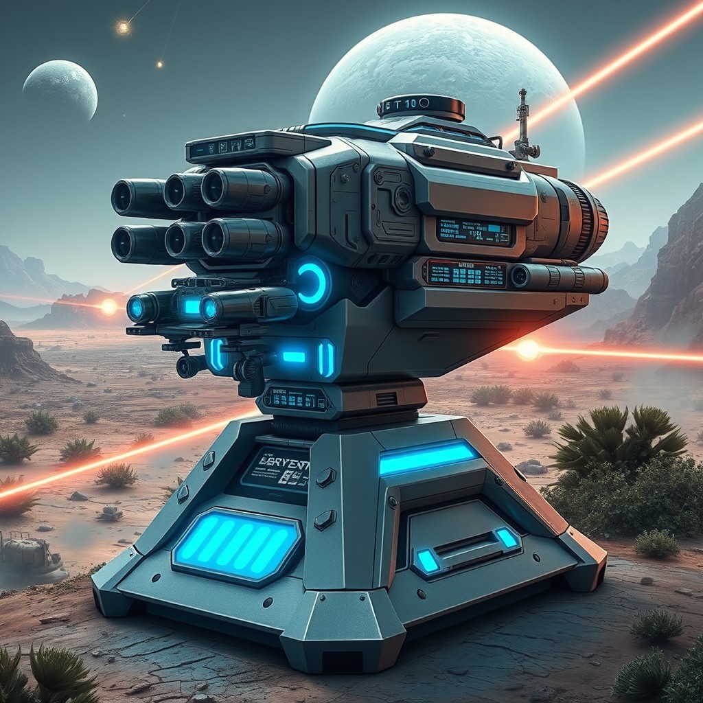 A futuristic sci-fi turret, designed for intergalactic warfare, mounted on a sleek, metallic base with glowing blue accents