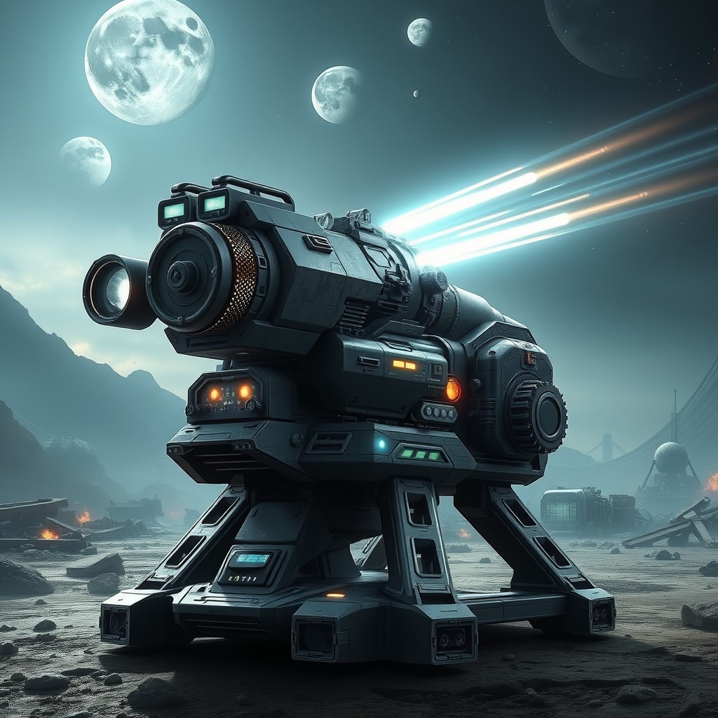 A high-tech sci-fi cannon turret, featuring a robust design with a massive barrel and intricate machinery
