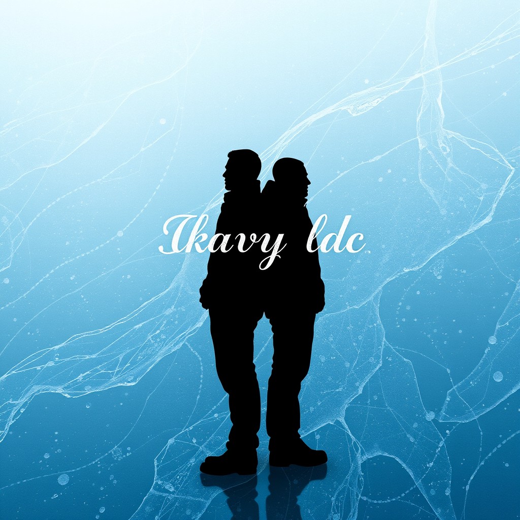 A frosty ice background featuring two male silhouettes standing back to back
