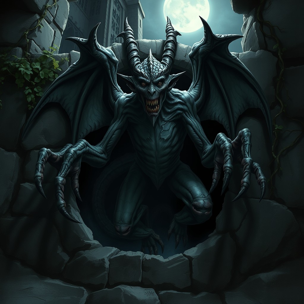 A detailed depiction of a glesh gargoyle spawn emerging from a dark crevice in an ancient stone wall