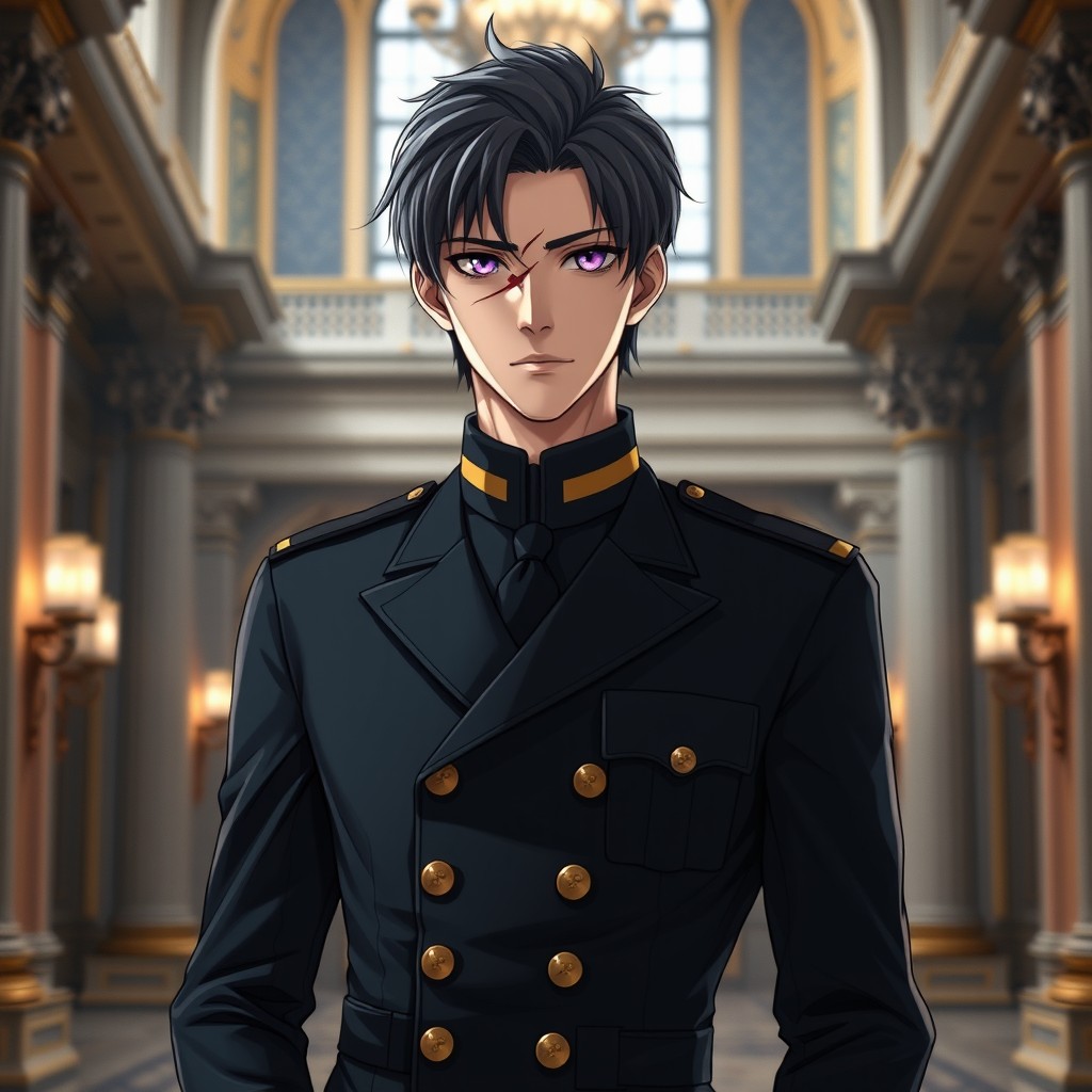 A 25-year-old male character dressed in a sleek black military colonel's uniform, standing confidently in the middle of a grand hall
