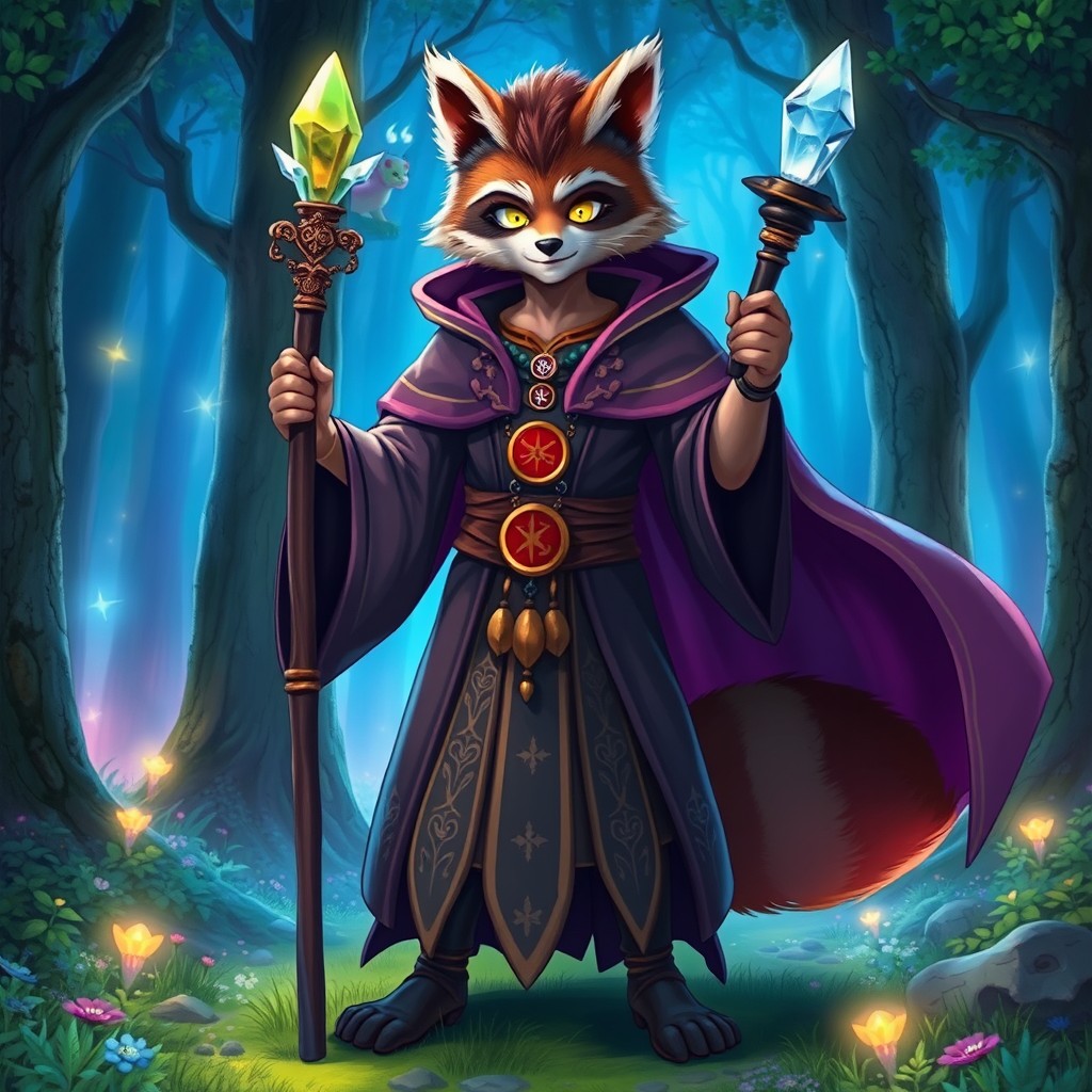 A human-tanuki hybrid sorcerer standing confidently in a mystical forest