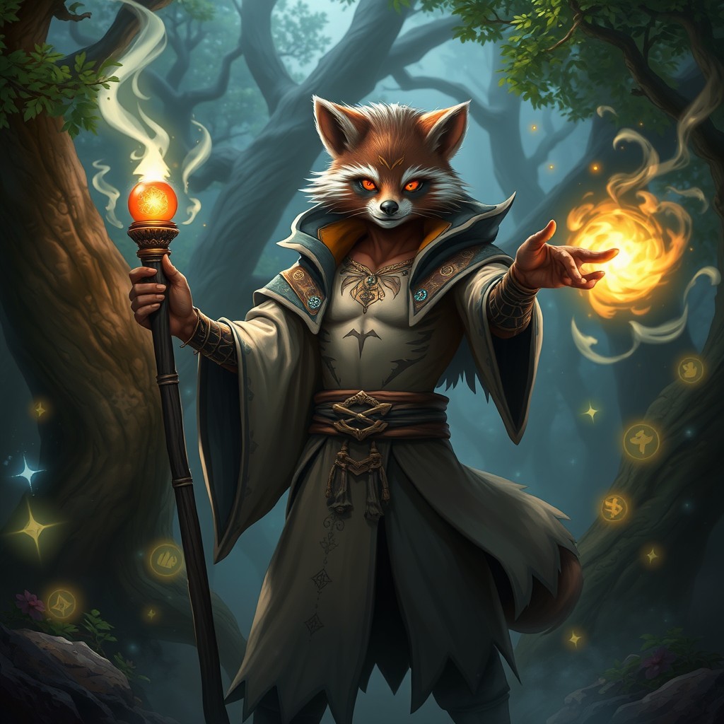 A human-tanuki hybrid sorcerer in a mystical forest setting