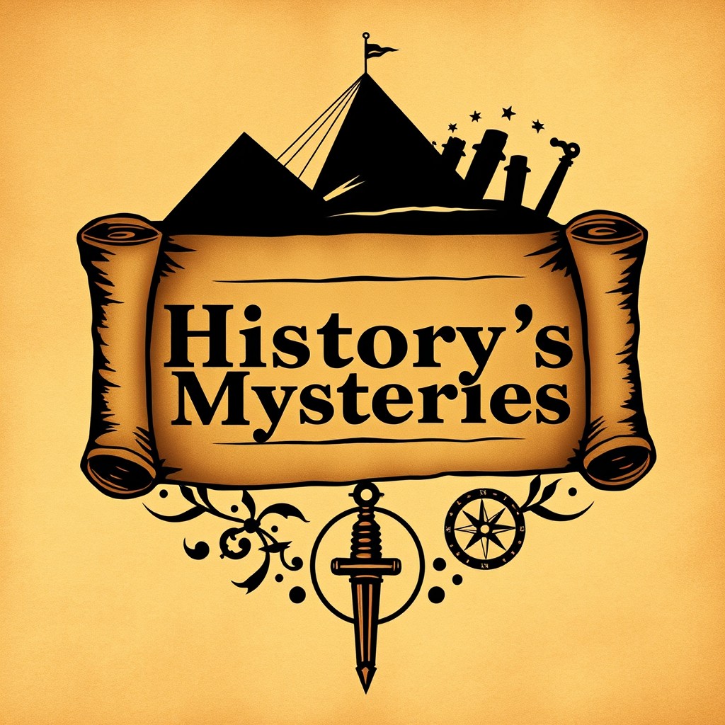 A captivating podcast logo design for 'History's Mysteries' featuring an ancient, weathered scroll unfurling in the center
