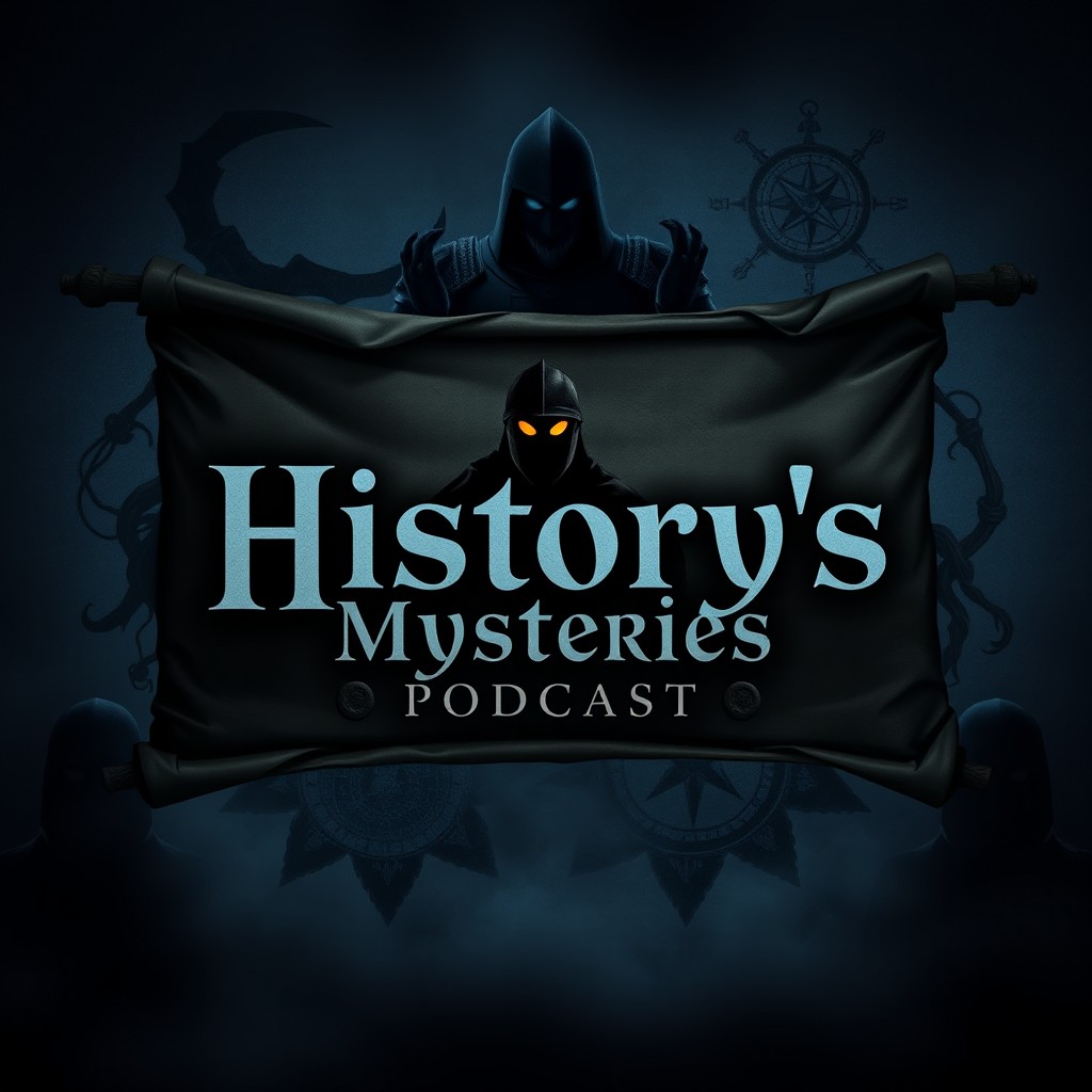An ominous and mysterious podcast logo design for 'History's Mysteries'