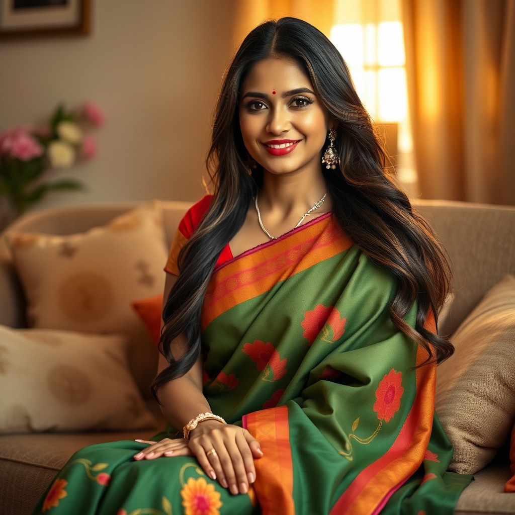 A beautiful South Asian woman with long flowing hair, dressed in a colorful traditional saree, sitting gracefully in a warmly lit living room