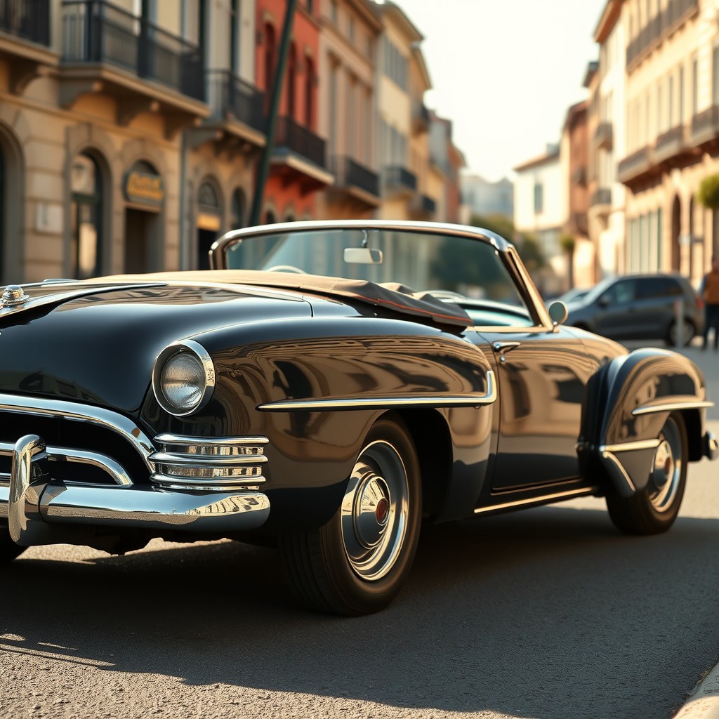 A vintage black convertible car with gleaming chrome rims, showcasing a classic design from the mid-20th century