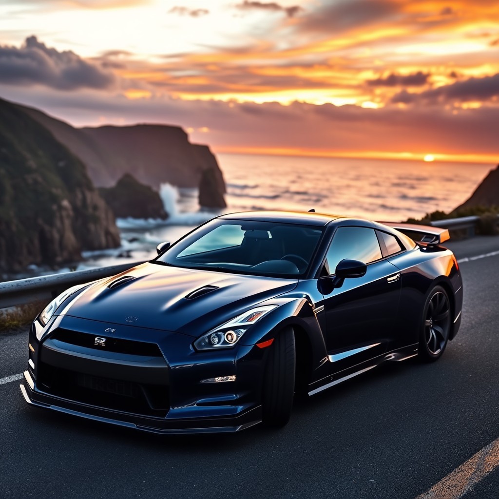A sleek and powerful Nissan GT-R R35 parked on a scenic coastal road at sunset, showcasing its aerodynamic design and aggressive stance