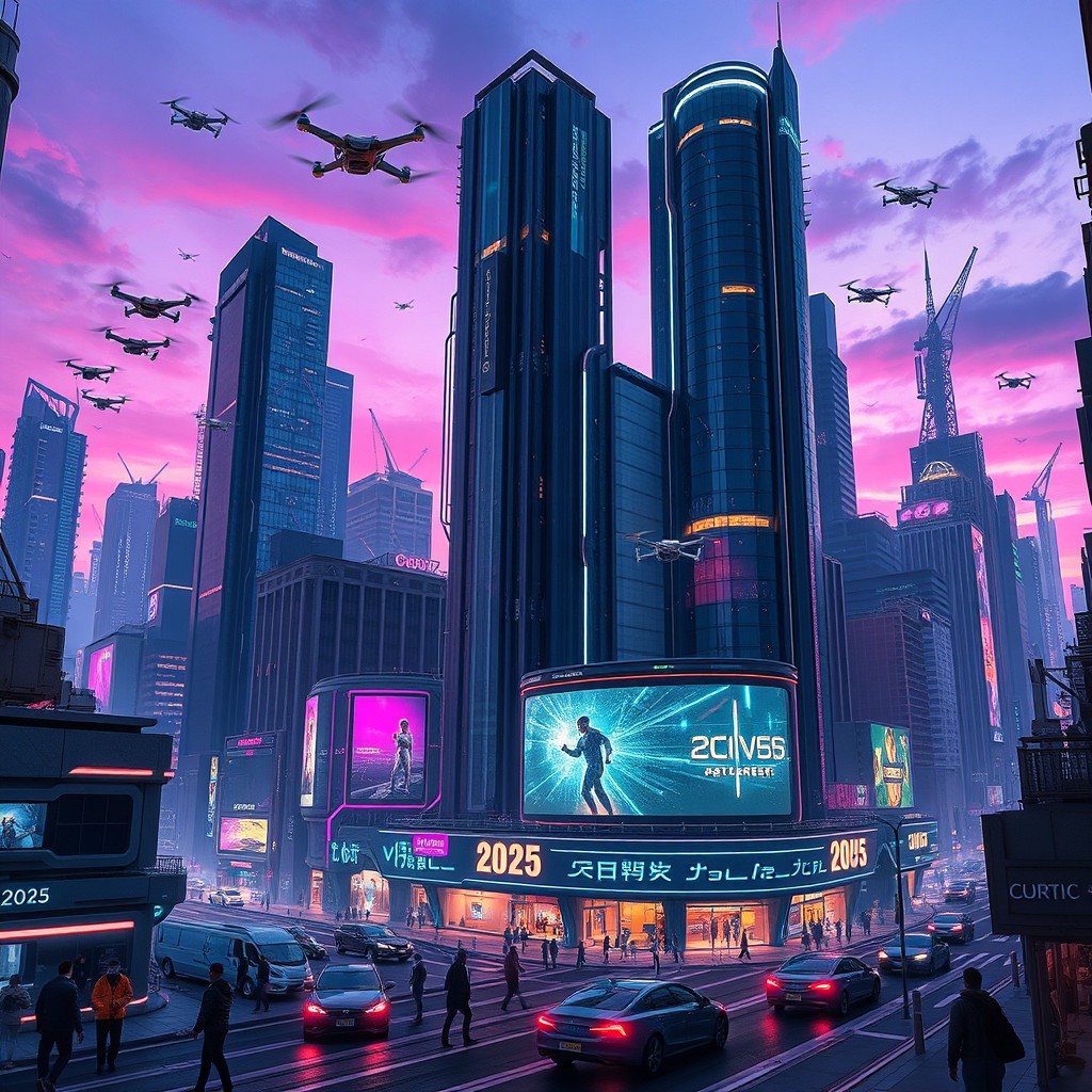 A futuristic sci-fi scene set in the year 2025, showcasing advanced technology and urban architecture