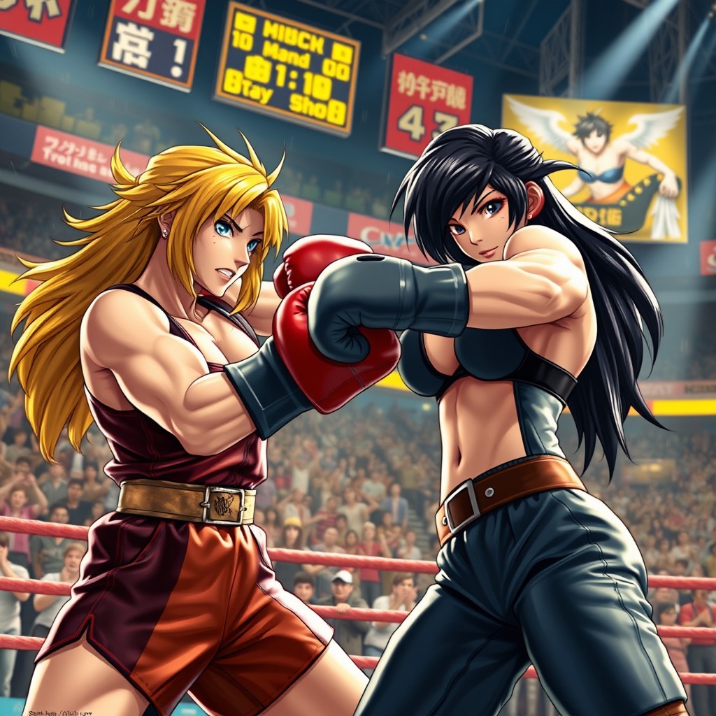 A dynamic scene featuring Yang Xiao Long and Tifa Lockhart engaged in an intense boxing match