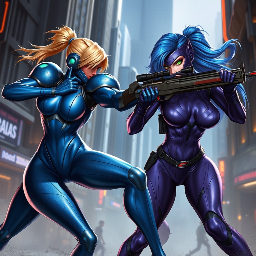 An intense battle scene between Zero Suit Samus and Widowmaker