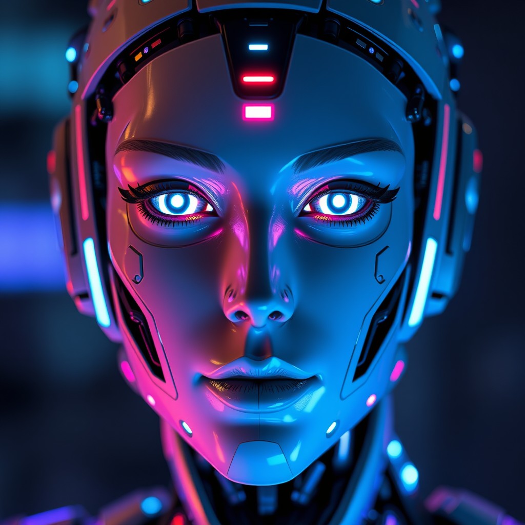 A highly detailed female robot face, featuring intricate mechanical components and glowing LED elements