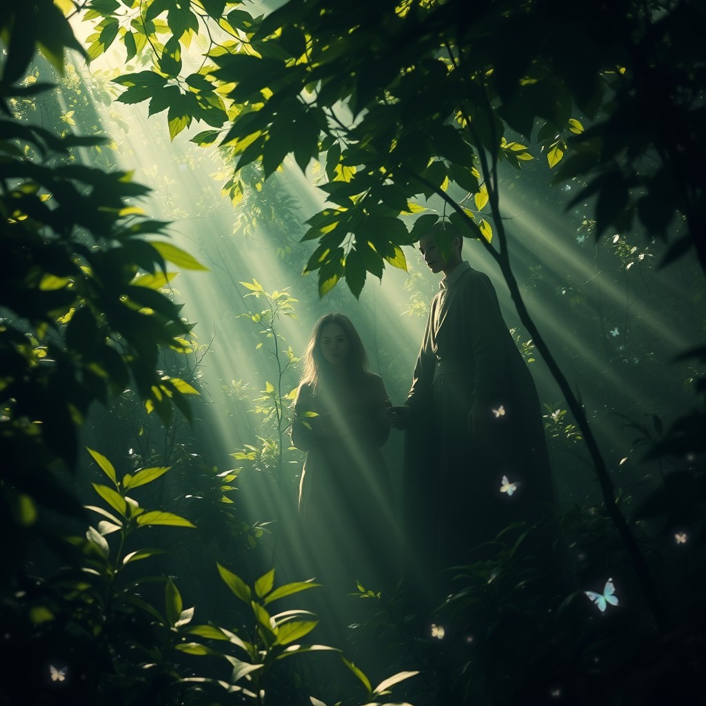 A mysterious scene depicting hidden people within a lush, dense forest, with soft sunlight filtering through the trees