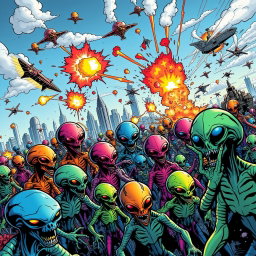 A vibrant comic book scene depicting a large-scale alien invasion