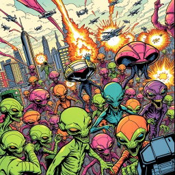 A vibrant comic book scene depicting a large-scale alien invasion