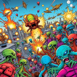 A vibrant comic book scene depicting a large-scale alien invasion