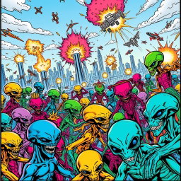 A vibrant comic book scene depicting a large-scale alien invasion