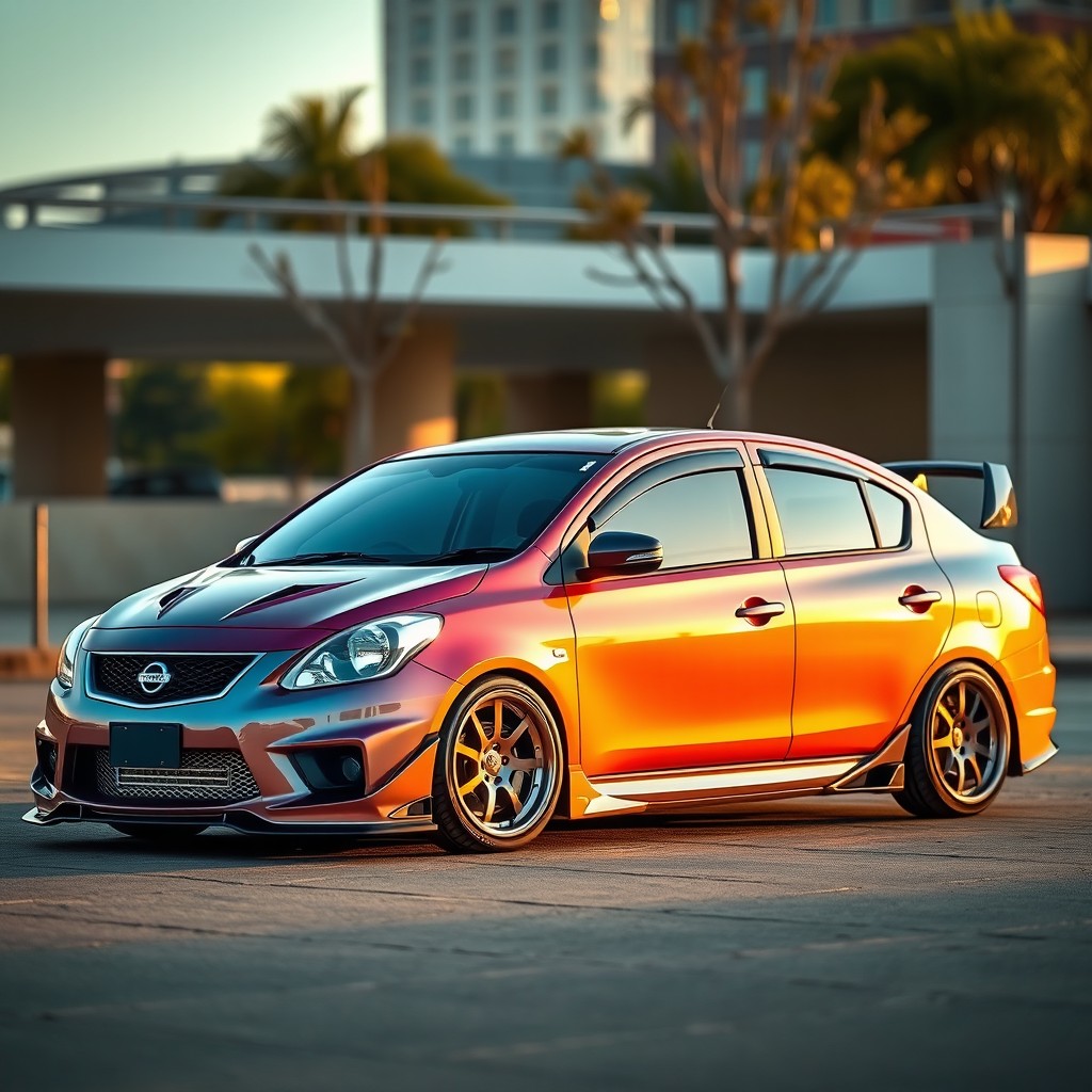 A customized Nissan Almera N16, featuring a sleek body kit, lowered suspension, stylish alloy wheels, and a vibrant paint job