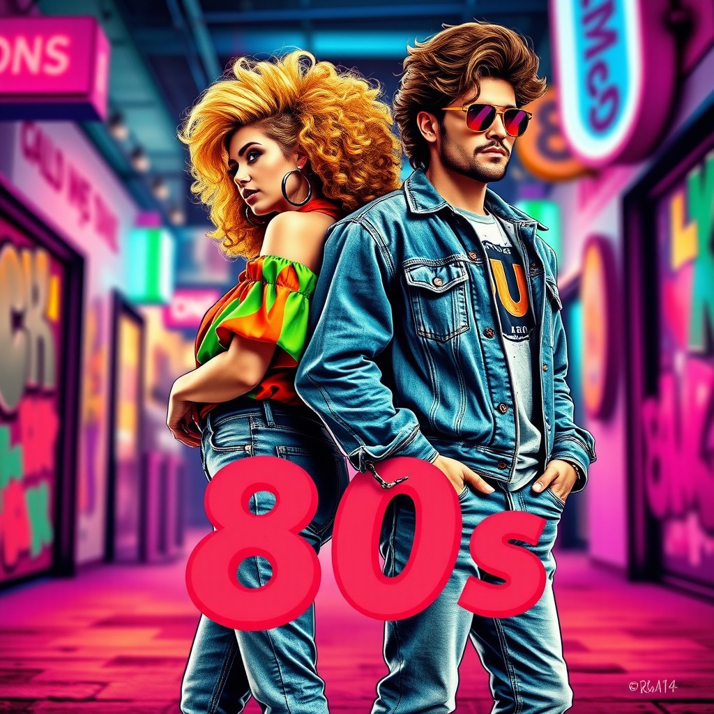 A book cover design featuring an 80s couple standing back-to-back, embodying the vibrant and bold fashion of the decade