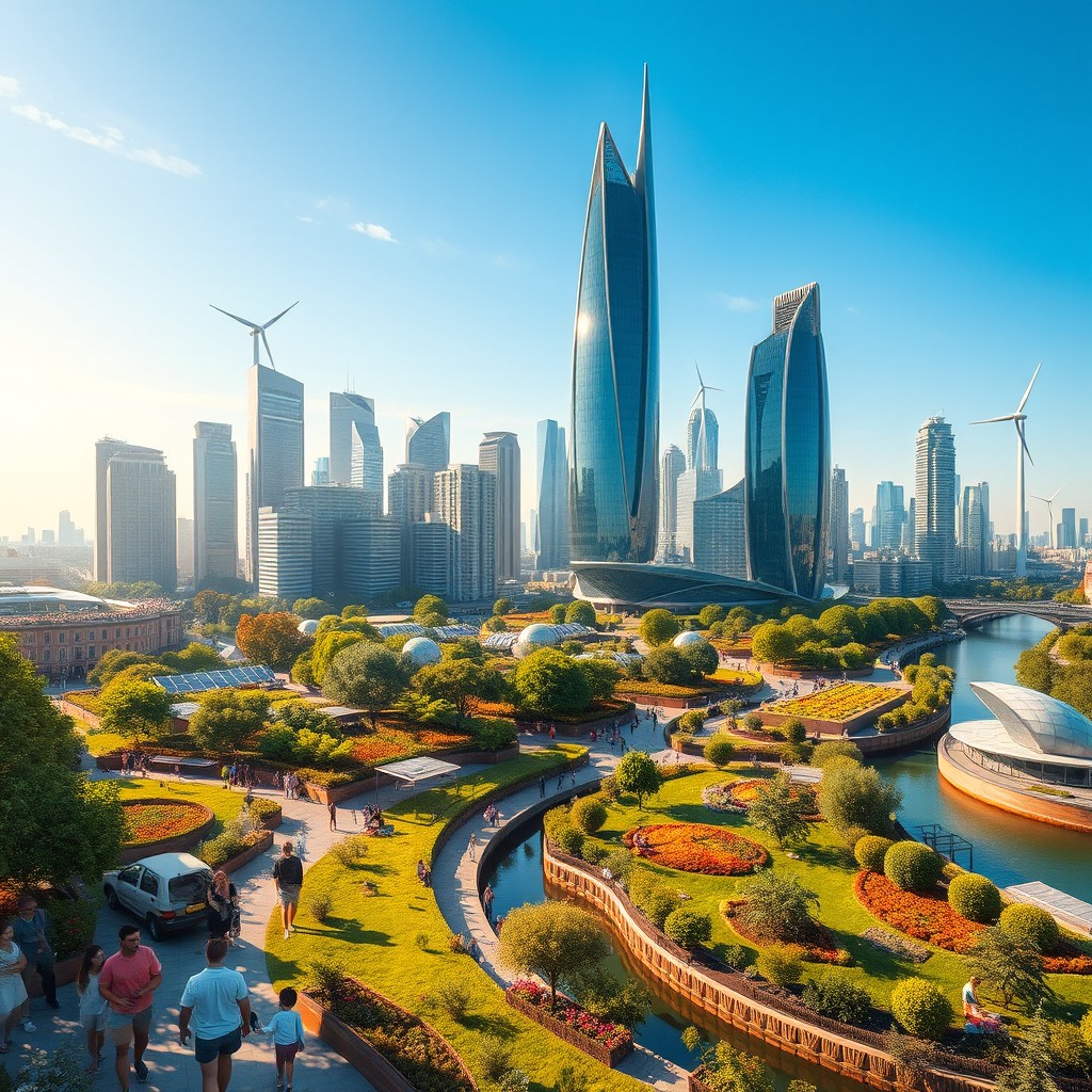 A stunning utopian cityscape featuring futuristic skyscrapers, lush green parks, and vibrant gardens