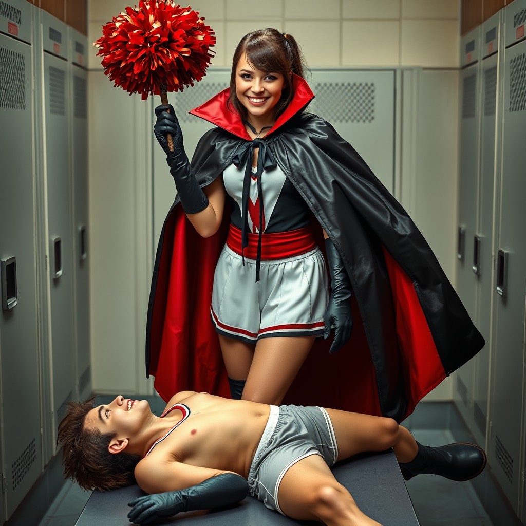 A photorealistic image of a smiling, sweet, and adorable 18-year-old girl-next-door holding a pom-pom in a locker room