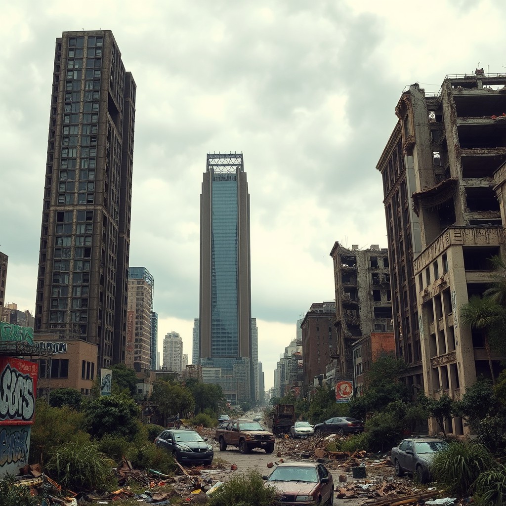 An expansive view of a post-apocalyptic city, showcasing tall buildings in various stages of decay and destruction