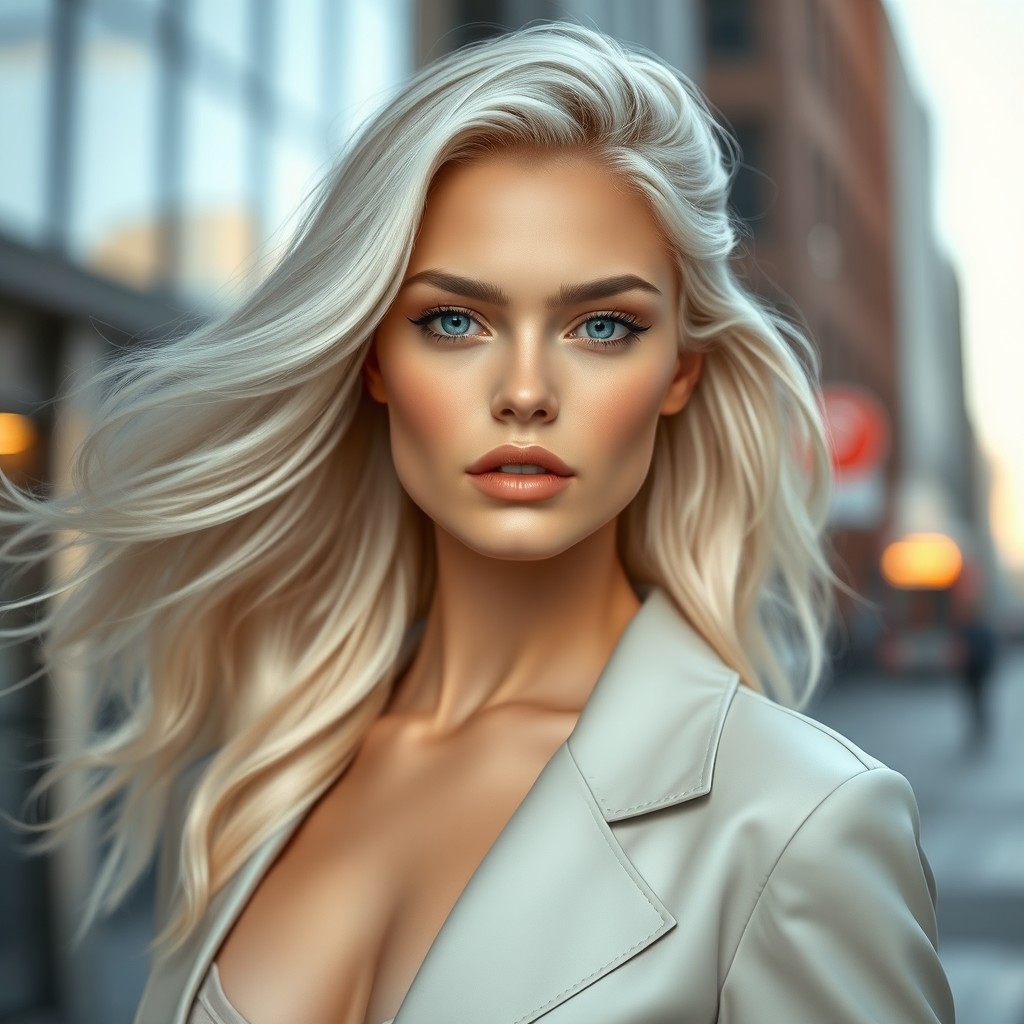 A realistic female model with flowing wavy white hair and striking blue eyes, standing in a softly lit urban setting