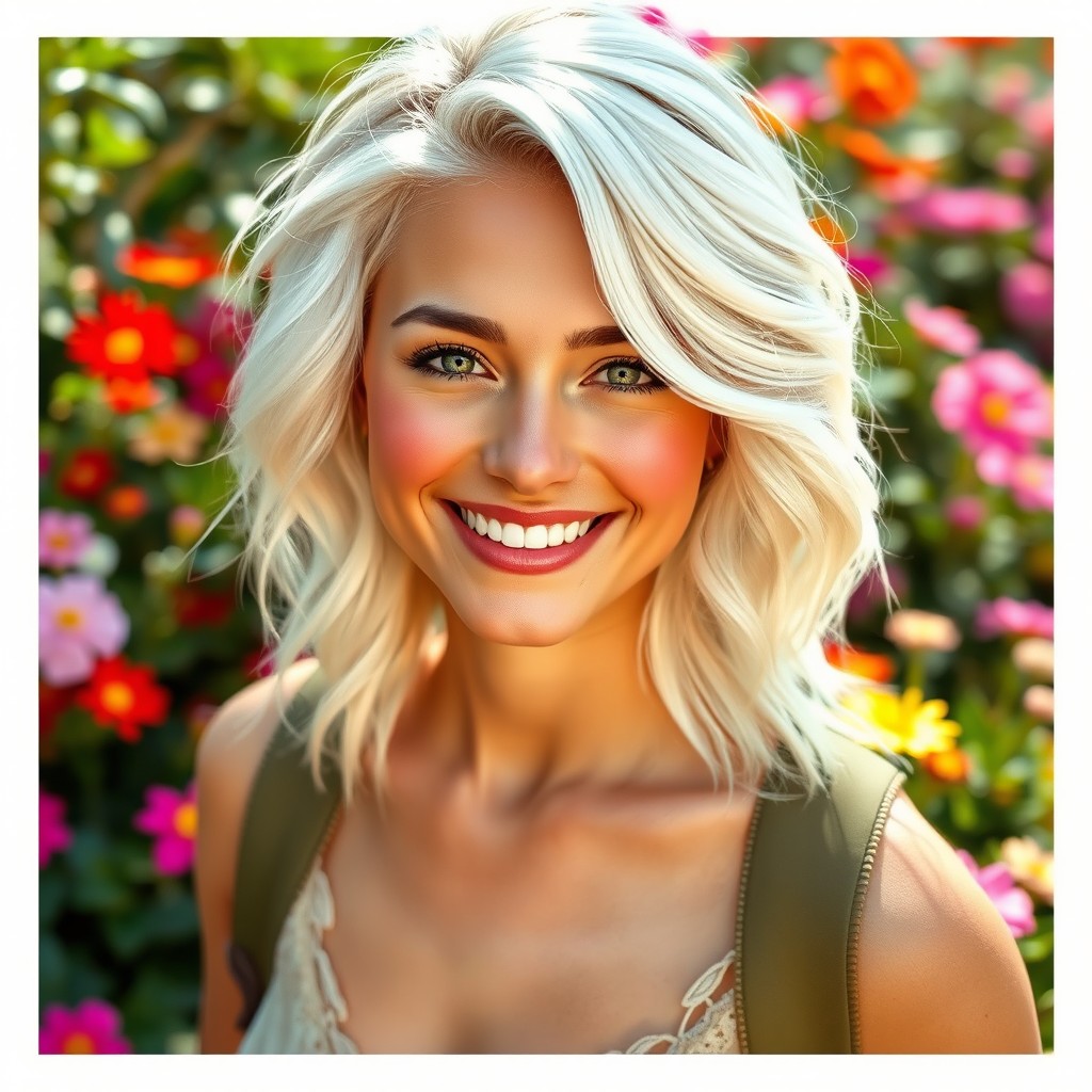 A realistic woman in her 20s with beautiful wavy white hair, styled elegantly around her face