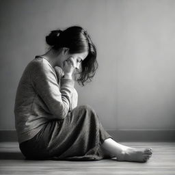 A woman sitting alone, her posture conveying a deep sense of depression, head in her hands, with a gloomy surrounding.