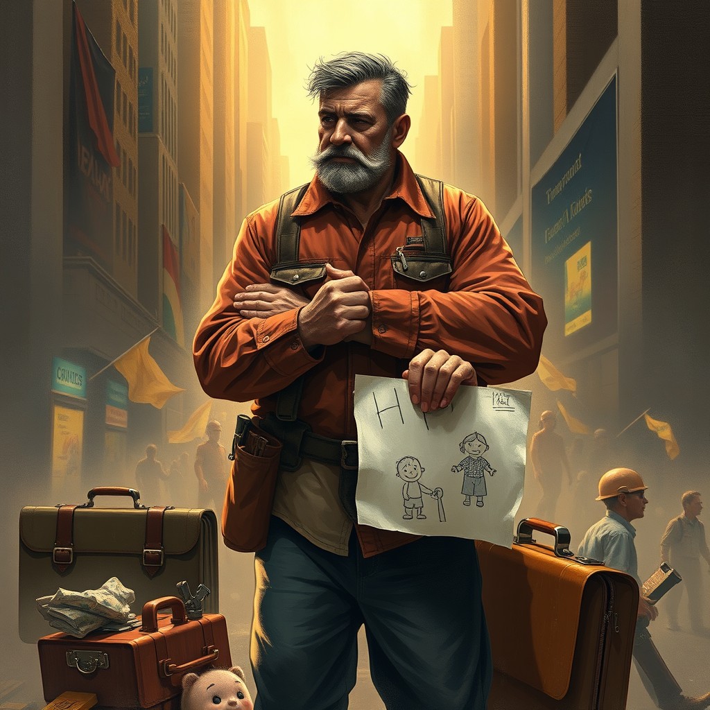 A poignant depiction of a father's struggle, showcasing his determination and resilience in the face of adversity