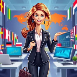 A stylized, vibrant depiction of a Barbie doll dressed as a confident international business administrator