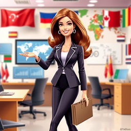 A stylized, vibrant depiction of a Barbie doll dressed as a confident international business administrator