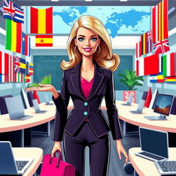 A stylized, vibrant depiction of a Barbie doll dressed as a confident international business administrator