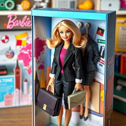A colorful and whimsical Barbie doll packaged in an elegant doll box, showcasing her as an administrator of international businesses