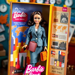 A colorful and whimsical Barbie doll packaged in an elegant doll box, showcasing her as an administrator of international businesses
