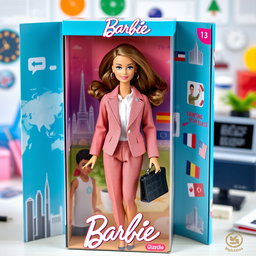 A colorful and whimsical Barbie doll packaged in an elegant doll box, showcasing her as an administrator of international businesses