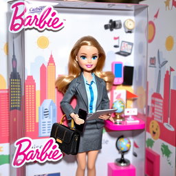 A delightful and charming Barbie doll packaged in a beautifully designed doll box, presenting her as a cute administrator of international businesses
