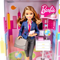 A delightful and charming Barbie doll packaged in a beautifully designed doll box, presenting her as a cute administrator of international businesses